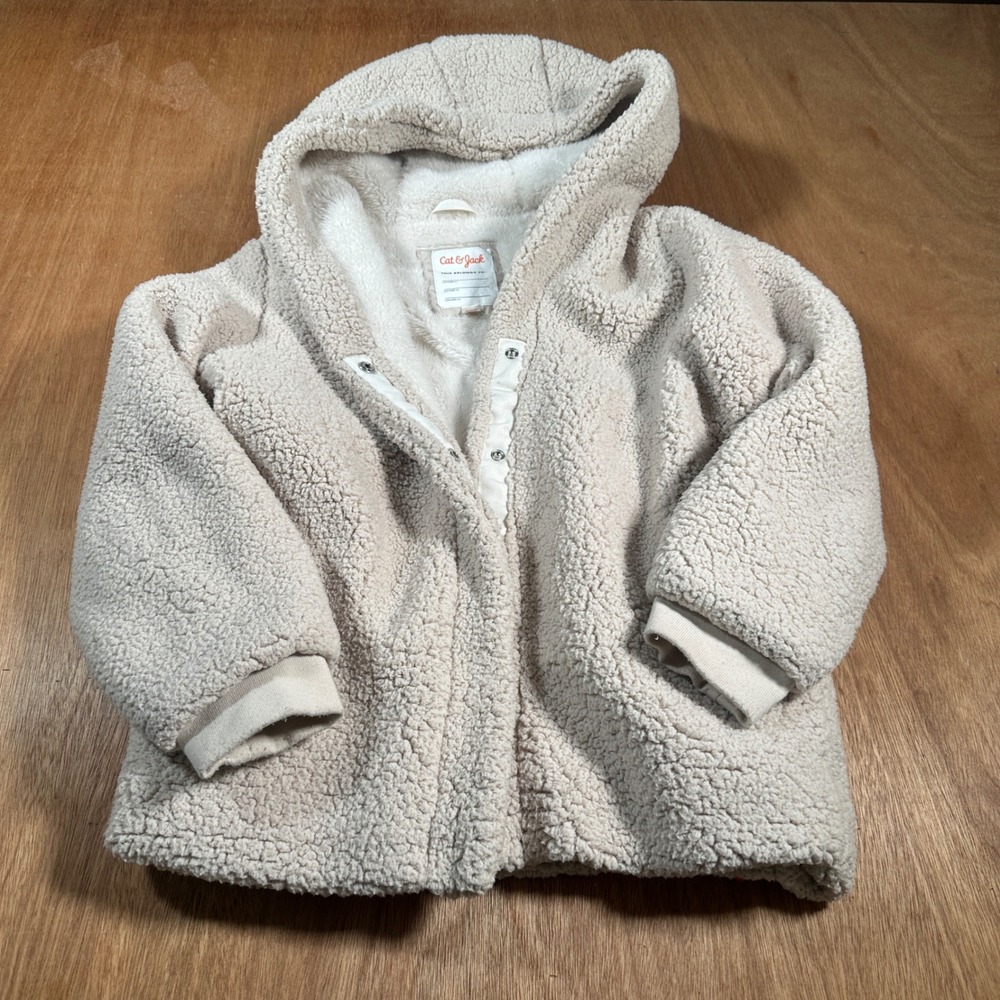 Cat & Jack Sherpa Fleece Jacket Kids Large 10/12 Cream Hooded Snap Front Coat
